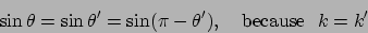 \begin{displaymath}
\sin\theta = \sin\theta'=\sin(\pi-\theta'), \ \ \ {\rm because}\ \ k=k'
\end{displaymath}